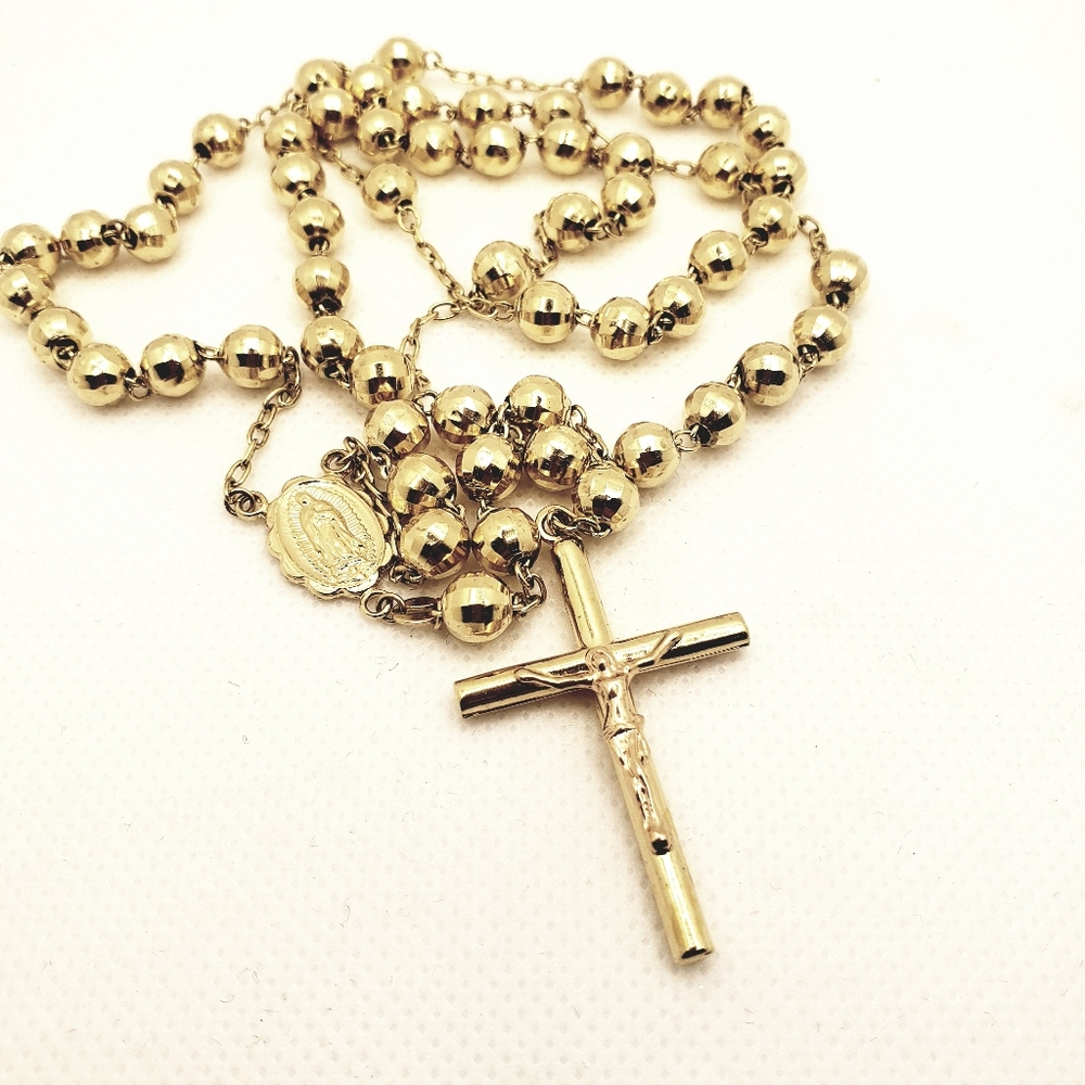 14K Solid Gold 6mm Bead Ball Rosary Necklace 26" Guadalupe Rosario Collar Oro - Picture 16 of 16
